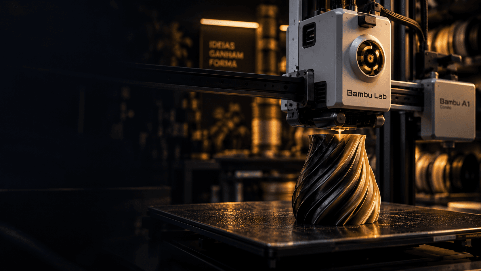 Impressora 3D estilo Bambu Lab imprimindo um vaso em espiral dourada e preta, com iluminação cinematográfica dourada